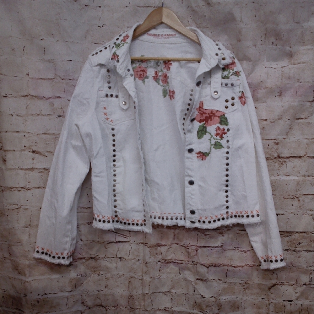 Double D Ranch Pink and White Jean Jacket with Embroidered Details